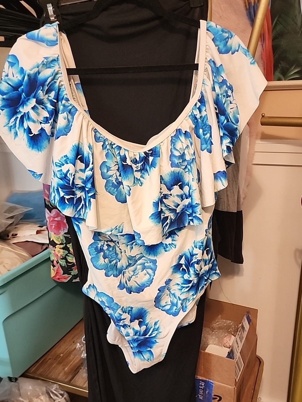 Swimsuits For All White One-Piece with Blue Floral Ruffle